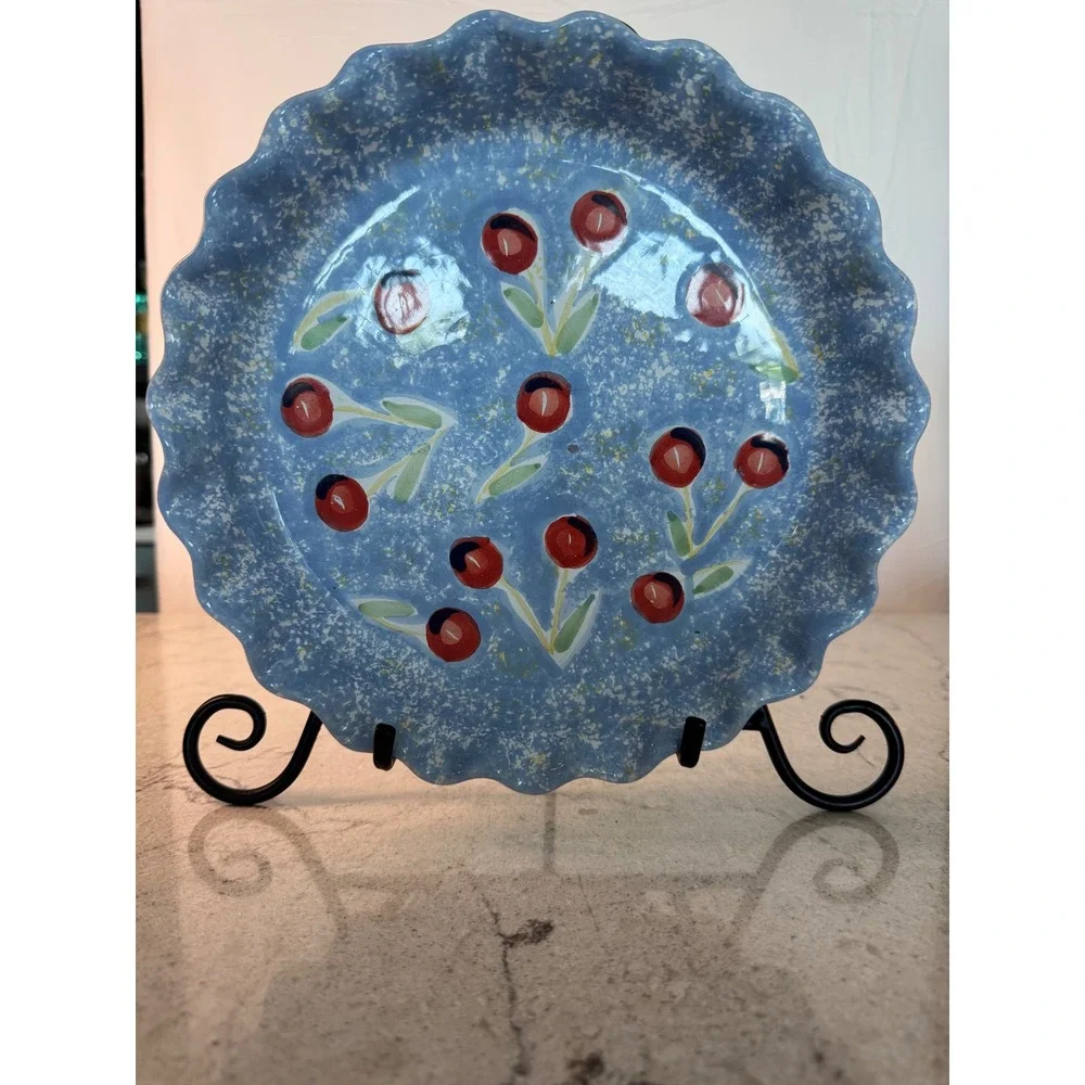 Roma Italy Hand Painted Ceramic Pie Dish Scalloped Blue Cherry Tart Pan Vintage